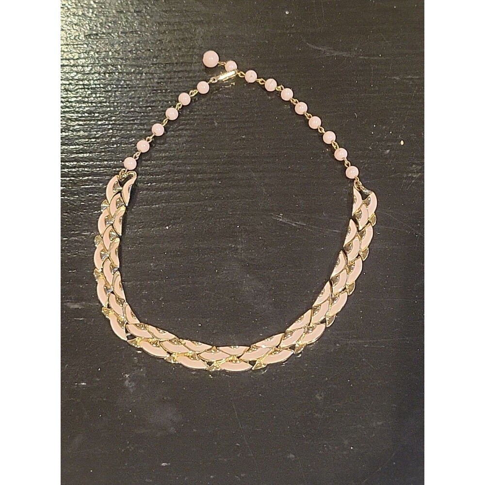 Vtg Coro Pink Enamel Fan Necklace Pastel Ballet Pink Choker Signed Link 13" 17"